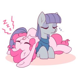 Size: 1266x1150 | Tagged: safe, artist:akainu_pony, maud pie, pinkie pie, earth pony, pony, g4, clothes, cute, duo, eyes closed, female, mare, on back, pie sisters, prone, siblings, sisters, sleeping, zzz