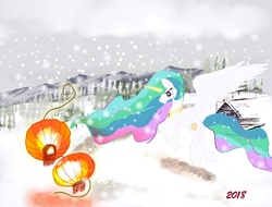 Size: 819x622 | Tagged: safe, artist:采妮老湿, princess celestia, alicorn, pony, g4, cabin, female, lantern, mare, paper lantern, snow, solo