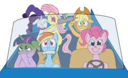 Size: 2000x1221 | Tagged: safe, artist:zefrenchm, applejack, fluttershy, pinkie pie, rainbow dash, rarity, twilight sparkle, g4, car, carsick, driving, green face, gritted teeth, mane six, nose in the air, scared, screaming, sick, simple background, smiling, transparent background