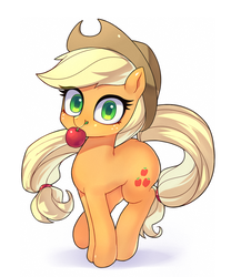 Size: 1000x1200 | Tagged: dead source, safe, artist:9seconds, applejack, earth pony, pony, g4, apple, cowboy hat, cute, female, food, freckles, hat, jackabetes, looking at you, looking into your soul, mare, mouth hold, simple background, smiling, solo, white background