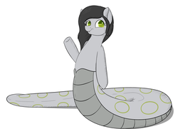 Size: 1314x949 | Tagged: safe, artist:hartenas, oc, oc only, oc:lily, lamia, original species, snake pony, looking at you, simple background, smiling, solo, waving