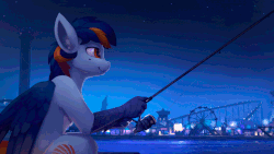 Size: 1100x620 | Tagged: safe, artist:rodrigues404, oc, oc only, oc:skysail, hippogriff, animated, cinemagraph, city, fishing, mole, night, smiling, solo, talons