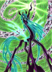 Size: 1269x1752 | Tagged: safe, artist:blackhellcat, queen chrysalis, changeling, changeling queen, g4, changeling swarm, colored pencil drawing, crown, female, jewelry, pencil drawing, regalia, solo focus, traditional art