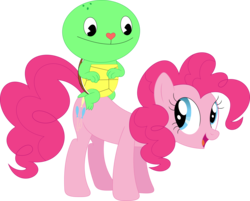 Size: 3577x2873 | Tagged: safe, artist:porygon2z, pinkie pie, reptile, turtle, g4, crossover, happy tree friends, high res, riding, simple background, transparent background
