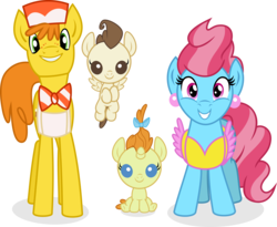 Size: 5212x4275 | Tagged: safe, artist:punzil504, carrot cake, cup cake, pound cake, pumpkin cake, earth pony, pegasus, pony, unicorn, g4, absurd resolution, apron, baby, baby pony, bow, bowtie, clothes, colt, family, female, filly, foal, hair bow, looking at you, male, mare, simple background, stallion, transparent background, vector