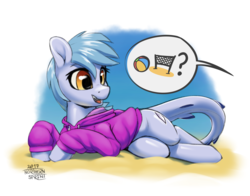 Size: 1629x1280 | Tagged: safe, artist:northernsprint, derpibooru exclusive, oc, oc only, oc:hatii, original species, shark, shark pony, beach, beach ball, clothes, cute, female, fins, hoodie, lying down, mare, net, on side, open mouth, pictogram, question mark, sharp teeth, solo, speech bubble, teeth, volleyball net