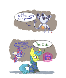 Size: 1200x1400 | Tagged: safe, artist:heir-of-rick, lemon hearts, moondancer, pony, robot, unicorn, g4, clothes, comic, cram, curie, cute, dialogue, fallout, fallout 4, female, glasses, glowing horn, horn, impossibly large ears, jumpsuit, magic, mare, mister handy, sitting, smiling, speech bubble, telekinesis, trio, vault suit