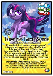 Size: 496x701 | Tagged: safe, artist:terry, twilight sparkle, pony, unicorn, g4, card game, ccg, female, grin, looking back, mare, smiling, solo, unshorn fetlocks