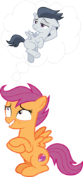 Size: 3000x6413 | Tagged: safe, artist:sollace, editor:slayerbvc, rumble, scootaloo, pegasus, pony, campfire tales, g4, marks and recreation, bedroom eyes, colt, draw me like one of your french girls, female, filly, implied rumbloo, lip bite, male, ship:rumbloo, shipping, show accurate, simple background, straight, stupid sexy rumble, thought bubble, transparent background, vector