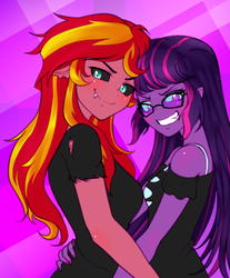 Size: 1496x1811 | Tagged: safe, artist:rileyav, sci-twi, sunset shimmer, twilight sparkle, demon, comic:ask casual midnight and demon shimmer, equestria girls, g4, casual, clothes, duo, evil grin, fangs, female, floppy ears, glasses, grin, lesbian, midnight sparkle, midnightsatan, ship:sci-twishimmer, ship:sunsetsparkle, shipping, shirt, smiling, smirk, sunset satan