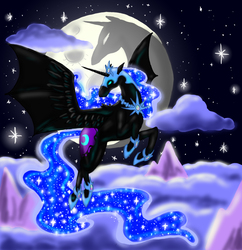 Size: 1230x1271 | Tagged: safe, artist:cryophase, nightmare moon, alicorn, pony, g4, bat wings, cloud, cutie mark, ethereal mane, female, flying, helmet, hybrid wings, jewelry, mare, mare in the moon, moon, mountain, night, regalia, solo, starry mane, stars