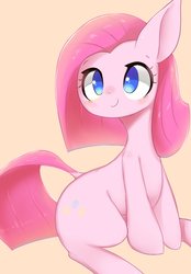 Size: 1222x1752 | Tagged: safe, artist:91o42, pinkie pie, earth pony, pony, g4, cute, cuteamena, dock, female, looking at you, mare, no pupils, orange background, pinkamena diane pie, simple background, sitting, solo