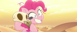 Size: 1920x804 | Tagged: safe, screencap, pinkie pie, earth pony, insect, pony, g4, my little pony: the movie, arthropod, bone, bone dry desert, crazy face, crazy smile, creepy crawlies, dead, desert, desert sun madness, exhausted, faic, insanity, messy mane, pinkie pie is best facemaker, skeleton, skull, smiling, sweat, sweatdrop, tired, wide eyes, you know for kids