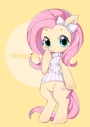 Size: 1240x1748 | Tagged: safe, artist:seiyawong, fluttershy, semi-anthro, g4, bipedal, bottomless, clothes, cute, female, partial nudity, shyabetes, simple background, solo, sweater, sweatershy, yellow background