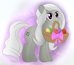 Size: 1986x1759 | Tagged: safe, artist:startledflowerpony, oc, oc only, oc:symphonia, earth pony, pony, basket, easter egg, female, mare, mouth hold, solo