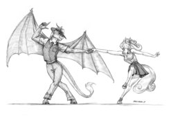 Size: 1610x1083 | Tagged: safe, artist:baron engel, sweetie belle, oc, oc:amber, dracony, hybrid, anthro, g4, anthro oc, armpits, canon x oc, clothes, cute, dancing, fedora, grayscale, hat, monochrome, pencil drawing, shoes, simple background, skirt, traditional art, vest, white background