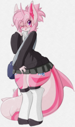 Size: 871x1466 | Tagged: safe, artist:tehbuttercookie, oc, oc only, oc:nixie dreamstar, original species, shark pony, unicorn, anthro, bag, blushing, bottom heavy, clothes, crossdressing, cute, femboy, glasses, hoodie, kneesocks, male, pleated skirt, school uniform, shoes, skirt, socks, solo, stockings, sweater, thigh highs, tongue out, trap, unishark