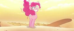 Size: 1920x804 | Tagged: safe, screencap, pinkie pie, earth pony, pony, g4, my little pony: the movie, bone dry desert, crazy face, cute, desert, desert sun madness, diapinkes, faic, female, frustrated, happiness, happy, insanity, mare, messy mane, pinkie pie is best facemaker, smiling, solo