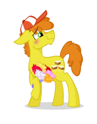 Size: 625x798 | Tagged: safe, artist:pink-pone, carrot cake, pony, g4, blushing, cap, flower, hat, male, simple background, solo, transparent background, younger