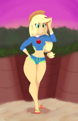 Size: 1650x2550 | Tagged: dead source, safe, artist:7los7, applejack, human, equestria girls, equestria girls series, forgotten friendship, g4, applejack's beach shorts swimsuit, applejack's hat, belly button, clothes, cowboy hat, cute, feet, female, flip-flops, geode of super strength, hat, jackabetes, looking at you, magical geodes, midriff, sandals, solo, stetson, stupid sexy applejack, swimsuit, thighs