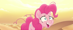 Size: 1920x804 | Tagged: safe, screencap, pinkie pie, earth pony, pony, g4, my little pony: the movie, bags under eyes, bone dry desert, desert, desert sun madness, exhausted, faic, insanity, laughing, messy mane, sweat