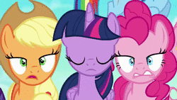 Size: 1280x720 | Tagged: safe, edit, screencap, applejack, fluttershy, pinkie pie, rainbow dash, rarity, twilight sparkle, alicorn, pony, g4, the crystalling, animated, close-up, cloud, curious, faic, female, frown, hiding, hoof on chin, looking at you, mane six, mostly sunny, screaming, sky, sound, speed lines, stare, twilight sparkle (alicorn), webm