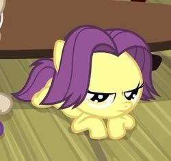 Size: 389x366 | Tagged: safe, screencap, banana peel (g4), pony, for whom the sweetie belle toils, g4, season 4, 5-year-old, annoyed, birthday, bored, female, filly, foal, lying, table, waiting, wooden floor