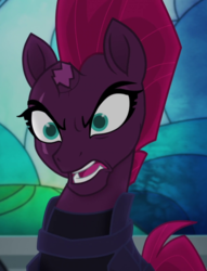 Size: 613x803 | Tagged: safe, screencap, tempest shadow, pony, unicorn, g4, my little pony: the movie, angry, armor, broken horn, canterlot castle, cracked horn, cropped, eye scar, female, furious, horn, mare, scar, solo, stained glass