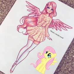 Size: 1221x1221 | Tagged: safe, artist:kirrakashawn, fluttershy, human, pony, g4, clothes, dress, female, humanized, solo, stockings, thigh highs, traditional art, winged humanization, wings