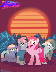 Size: 2550x3300 | Tagged: safe, artist:rupert, limestone pie, marble pie, maud pie, pinkie pie, earth pony, pony, g4, 80s, female, high res, looking at you, mare, pie sisters, pinkamena diane pie, pointing, retro, siblings, sisters