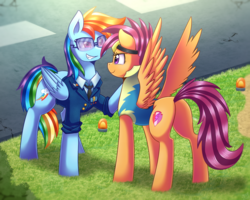 Size: 1500x1201 | Tagged: safe, artist:vavacung, rainbow dash, scootaloo, pegasus, pony, g4, wonderbolts academy, butt, clothes, cutie mark, female, older, older scootaloo, plot, scootalove, the cmc's cutie marks, uniform, wonderbolt trainee uniform, wonderbolts, wonderbolts dress uniform, wonderbolts uniform