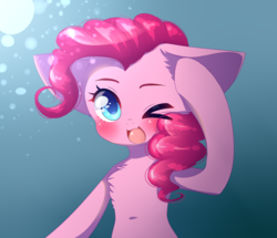 Size: 1599x1376 | Tagged: safe, artist:lnspira, pinkie pie, pony, blushing, chest fluff, cute, diapinkes, ear fluff, female, floppy ears, one eye closed, open mouth, solo, wink