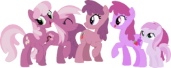 Size: 989x397 | Tagged: safe, artist:selenaede, artist:starryoak, idw, berry punch, berryshine, cheerilee, cherry blossom (g4), cherry punch, piña colada, earth pony, pony, g4, background pony, family, female, filly, headcanon, mare, pink, piña cutelada, raised hoof, simple background, sisters, transparent background