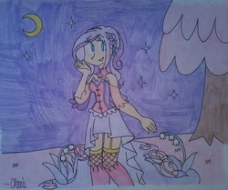 Size: 1347x1126 | Tagged: safe, artist:cksheppard, wysteria, human, flower, humanized, moon, night, solo, traditional art, tree, wysteriadorable