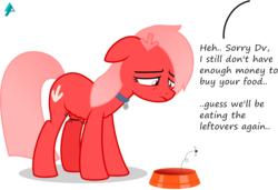 Size: 2469x1687 | Tagged: safe, artist:arifproject, oc, oc only, oc:downvote, pony, derpibooru, g4, collar, derpibooru ponified, hungry, meta, pet bowl, pet tag, ponified, pony pet, sad, simple background, solo, stomach growl, text, transparent background, vector