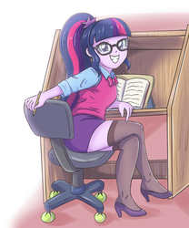 Size: 3248x3896 | Tagged: safe, artist:sumin6301, sci-twi, twilight sparkle, equestria girls, g4, book, bowtie, chair, clothes, crossed legs, desk, female, glasses, grin, high heels, high res, leggings, long socks, looking at you, looking back, microskirt, miniskirt, pencil, ponytail, shoes, sitting, skirt, smiling, socks, solo, squee, tennis ball, thigh highs, thigh socks, zettai ryouiki