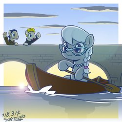 Size: 600x600 | Tagged: safe, artist:uotapo, silver spoon, earth pony, pony, g4, art garfunkel, boat, bridge, bridge over troubled water, female, filly, foal, glasses, jewelry, male, necklace, paul simon, ponified, rowboat, simon and garfunkel, song reference, stallion, water, waving