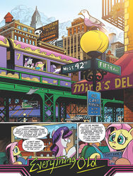 Size: 768x1024 | Tagged: safe, artist:andypriceart, idw, official comic, fluttershy, rarity, pigeon, pony, unicorn, g4, spoiler:comic, spoiler:comic64, city, comic, duo, everything old, female, manehattan, mare, preview, speech bubble
