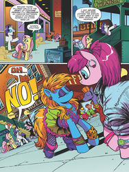 Size: 768x1024 | Tagged: safe, artist:andypriceart, idw, official comic, fluttershy, rarity, earth pony, pegasus, pony, unicorn, g4, spoiler:comic, spoiler:comic64, 80's fashion, 80s, 80s hair, bangles, big hair, boots, clothes, comic, denim jacket, ear piercing, earring, everything old, fashion crisis, female, fishnet stockings, jewelry, leopard print, manehattan, mare, piercing, preview, shoes, skirt, speech bubble, train station, watch, wristband, wristwatch