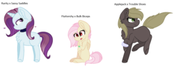 Size: 2024x778 | Tagged: safe, artist:crystalclear152, oc, oc:shivering rose, magical lesbian spawn, offspring, parent:applejack, parent:bulk biceps, parent:fluttershy, parent:rarity, parent:sassy saddles, parent:trouble shoes, parents:flutterbulk, parents:rarisaddles, parents:troublejack, randomverse