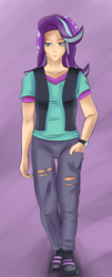 Size: 1616x4000 | Tagged: safe, artist:aflurryofdragons, starlight glimmer, equestria girls, equestria girls specials, g4, my little pony equestria girls: mirror magic, beanie, clothes, female, hat, human coloration, pants, solo, torn clothes, unamused, vest, watch