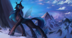 Size: 2500x1316 | Tagged: safe, artist:orchidpony, queen chrysalis, changeling, changeling queen, g4, cloud, crown, female, floppy ears, jewelry, looking back, mountain, regalia, scenery, snow, solo, transparent wings, wallpaper, wings