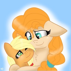 Size: 768x768 | Tagged: safe, artist:galaxy swirl, applejack, pear butter, g4, chest fluff, cute, female, freckles, hug, jackabetes, mother and daughter, pearabetes