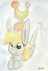 Size: 688x1015 | Tagged: safe, artist:slightlyshade, derpy hooves, pegasus, pony, g4, balancing, bust, female, fruit, mare, portrait, solo, spread wings, traditional art, watercolor painting, wings