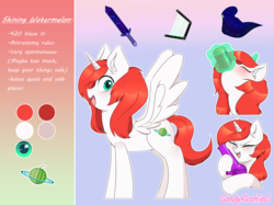 Size: 3013x2259 | Tagged: safe, artist:opossum_imoto, oc, oc only, oc:shining watermelon, alicorn, pony, 420, 420 blaze it, alcohol, baltica, beer, bong, cape, clothes, freckles, harp, high res, looking at you, musical instrument, reference sheet, sword, weapon