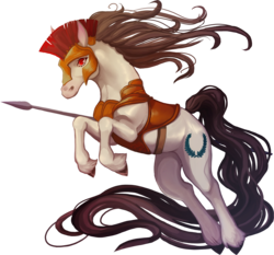 Size: 3707x3448 | Tagged: safe, artist:sitaart, oc, oc only, oc:inferno, earth pony, pony, ponyfinder, armor, brown hair, brown mane, clothes, dungeons and dragons, fantasy class, female, high res, mare, pathfinder, pen and paper rpg, red eyes, rpg, simple background, solo, spartan, spear, transparent background, unshorn fetlocks, warrior, weapon, white fur