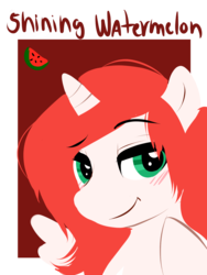 Size: 1500x2000 | Tagged: safe, artist:rioluauralarts, oc, oc only, oc:shining watermelon, alicorn, pony, bedroom eyes, blushing, food, looking at you, watermelon