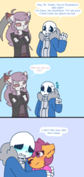 Size: 2124x4456 | Tagged: safe, artist:synnibear03, scootaloo, oc, oc:kolby, oc:ponytale scootaloo, anthro, comic:ponytale, g4, crossover, crossover shipping, female, male, sans (undertale), scootasans, shipping, straight, undertale