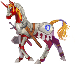 Size: 636x532 | Tagged: safe, artist:sitaart, oc, oc only, oc:steel prism, pony, unicorn, ponyfinder, armor, blonde, blonde hair, blonde mane, blue eyes, clothes, dungeons and dragons, fantasy class, knight, male, paladin, pathfinder, pen and paper rpg, red fur, rpg, simple background, solo, stallion, sword, warrior, weapon, white background