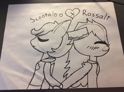 Size: 2592x1936 | Tagged: safe, artist:lolliakitten, scootaloo, oc, oc:ponytale scootaloo, oc:rossali, anthro, comic:ponytale, g4, canon x oc, female, lesbian, monochrome, rossaloo